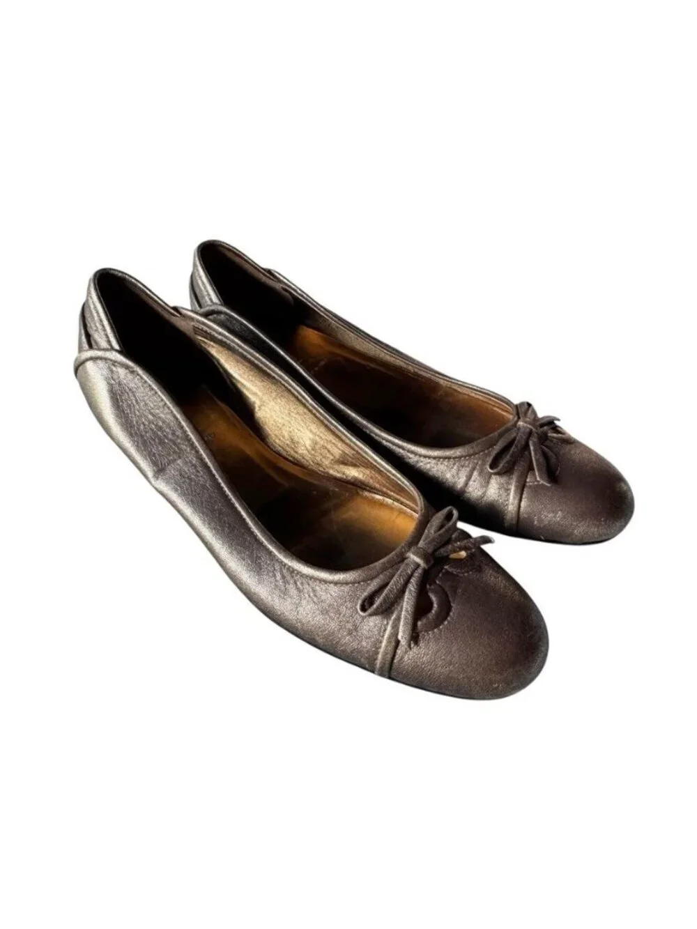 VTG Miu Miu Women's Sz 37.5 US 7 Metallic Bronze Gold Bow Detail Ballet Flats
